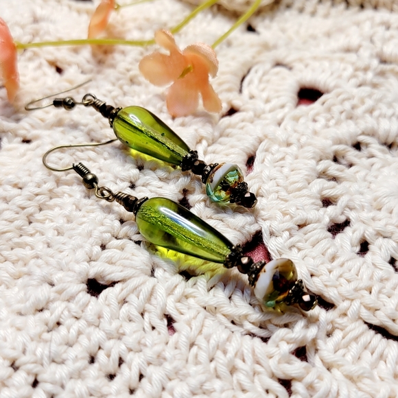 Boho Moss Green handcrafted drop Earrings - Picture 7 of 11
